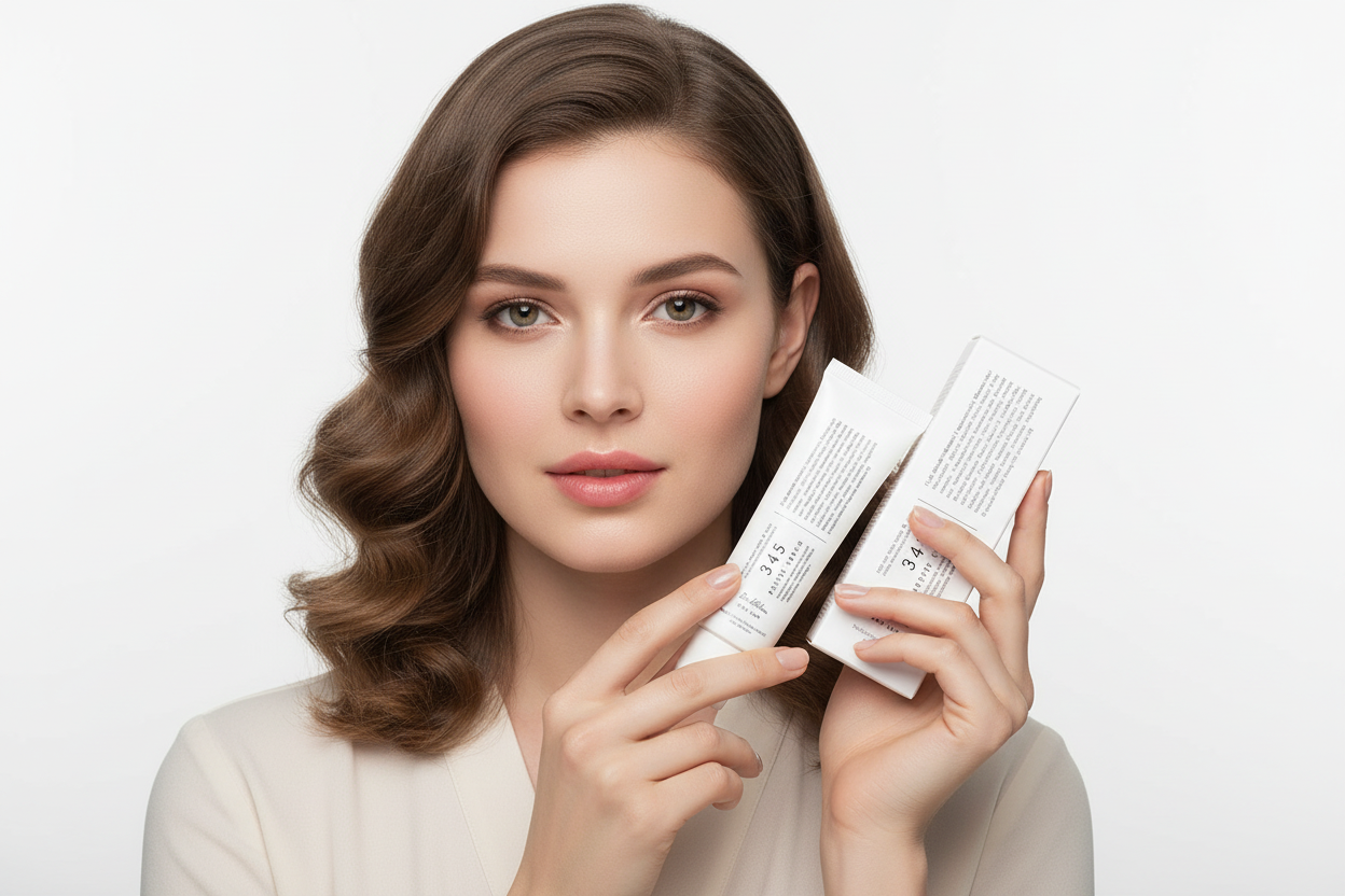 European woman holding 345 product