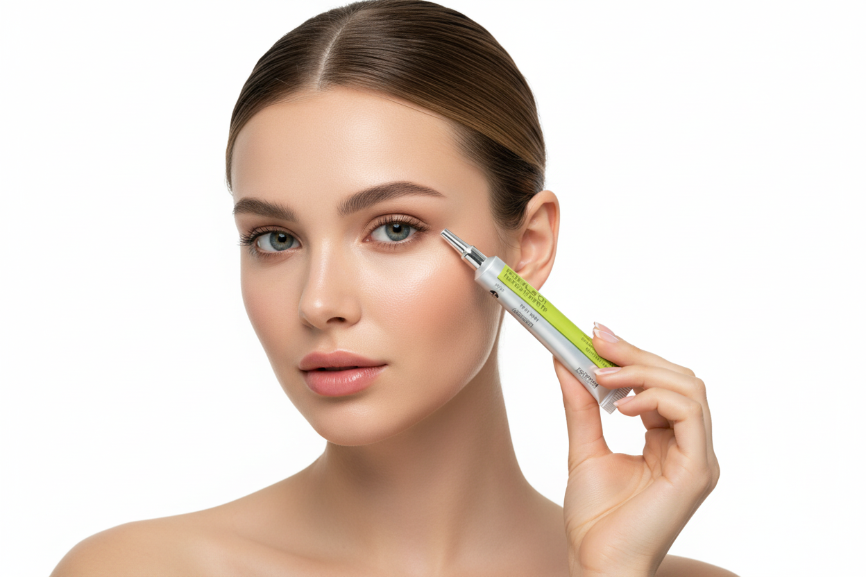 European woman holding eye cream tube