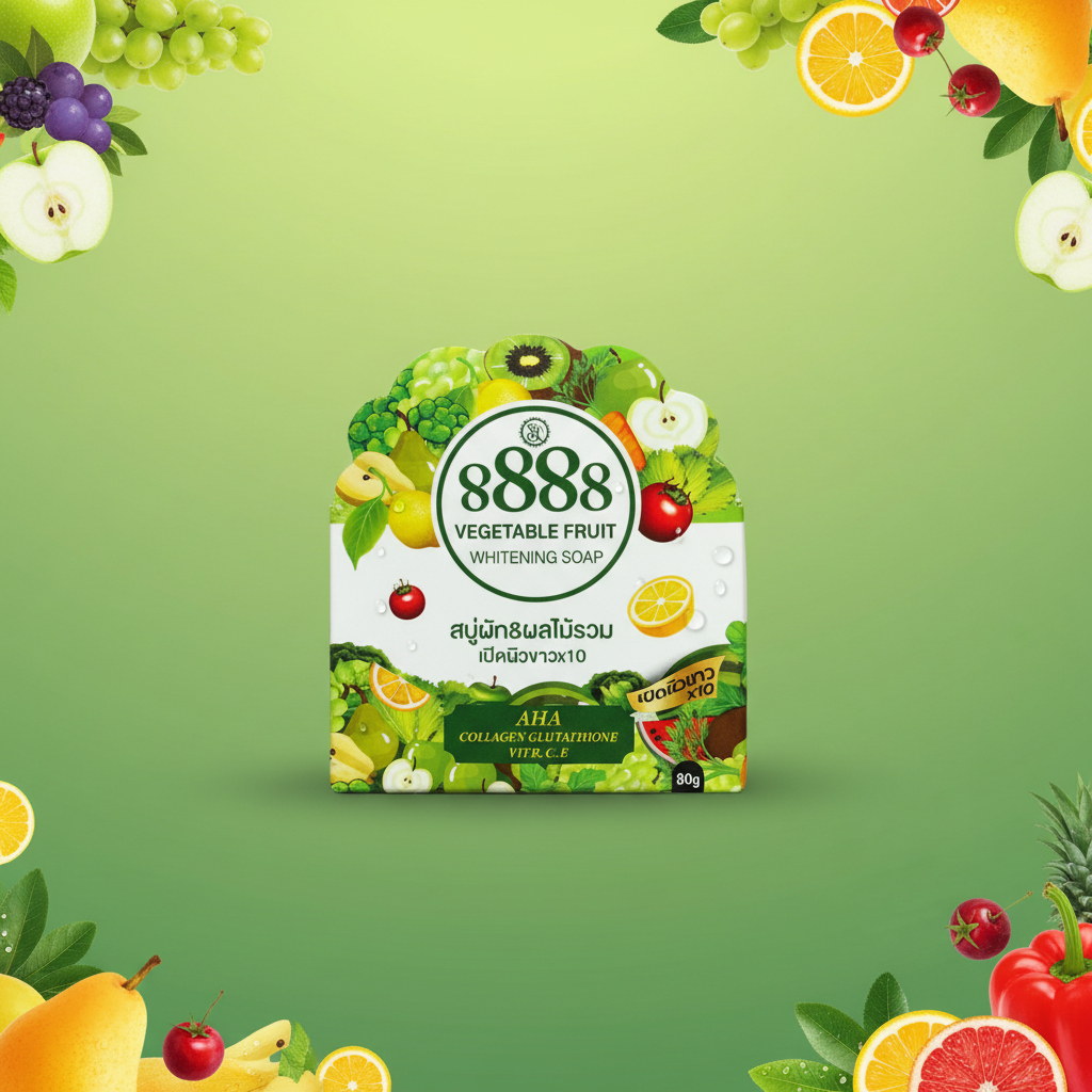 8888 Vegetable Fruit Whitening Soap AHA Collagen Glutathione Vit B C E 80g