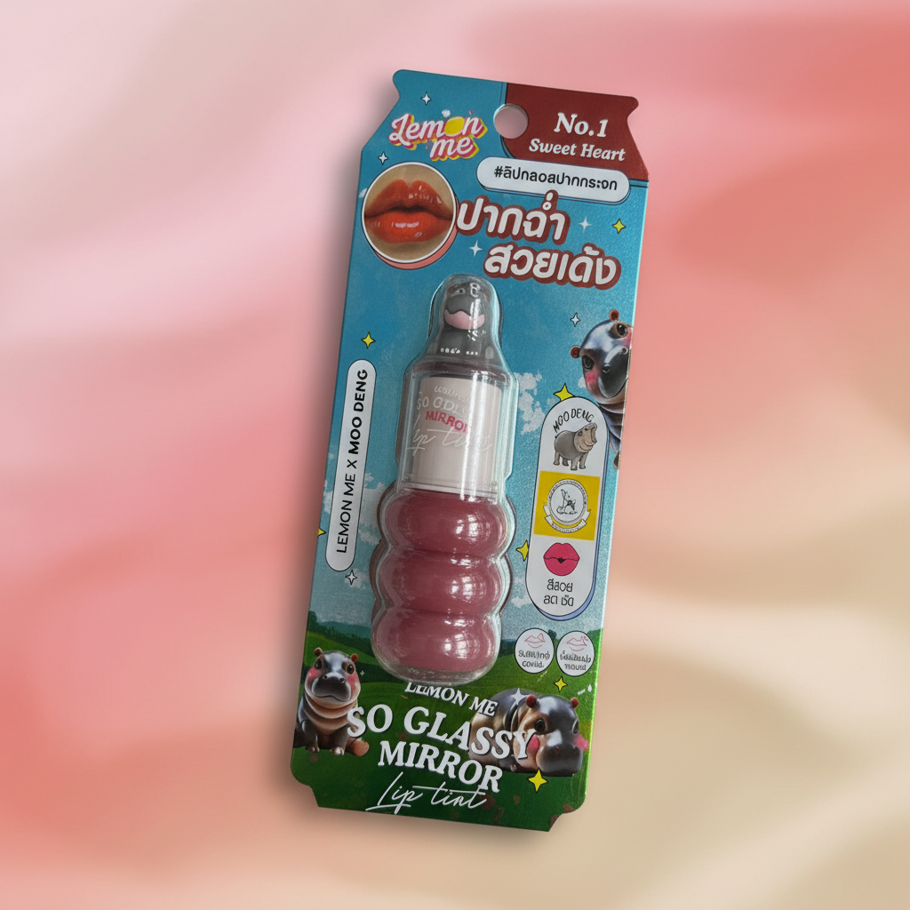 Lemon Me x Moo Deng Glass Mirror Lip Tint with natural background