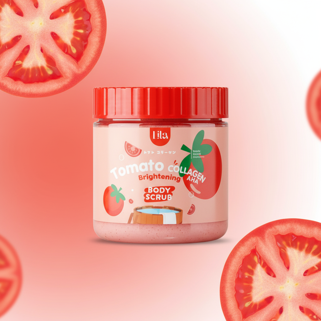 Tomato &amp; Collagen Brightening Body Scrub with natural background