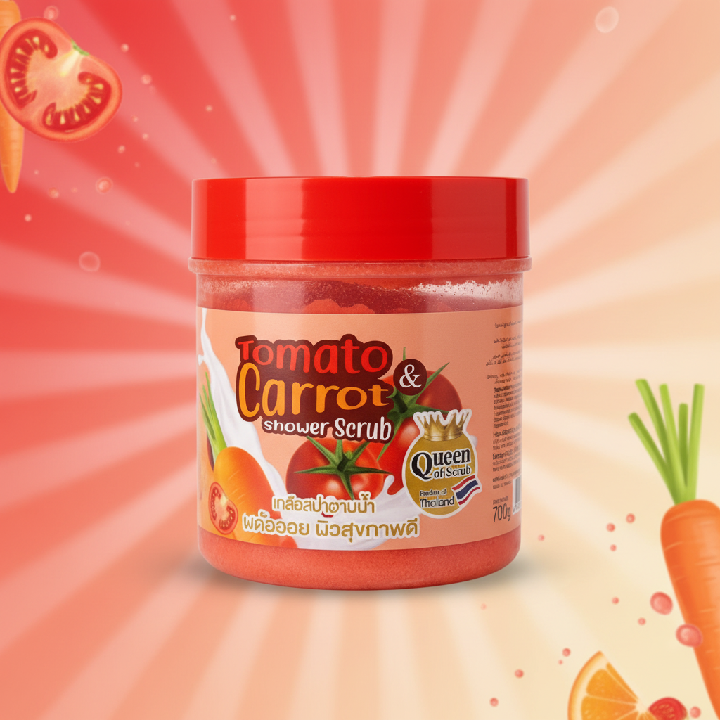 Tomato &amp; Carrot Shower Scrub with natural background